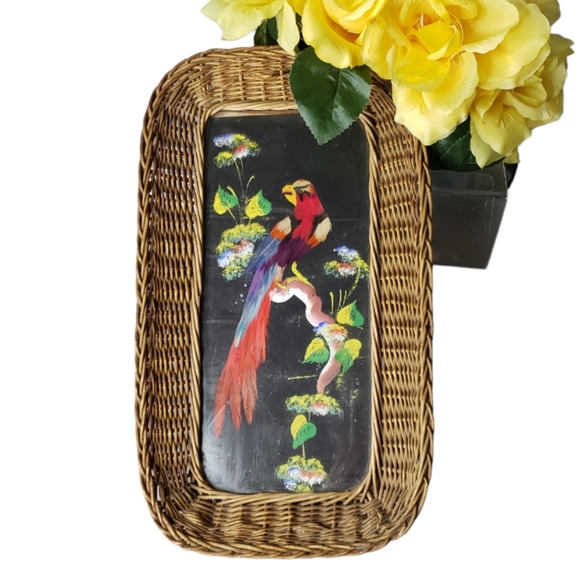 Mexican Vintage Handcrafted Feather Paint Wicker Tray - Picture 7 of 7